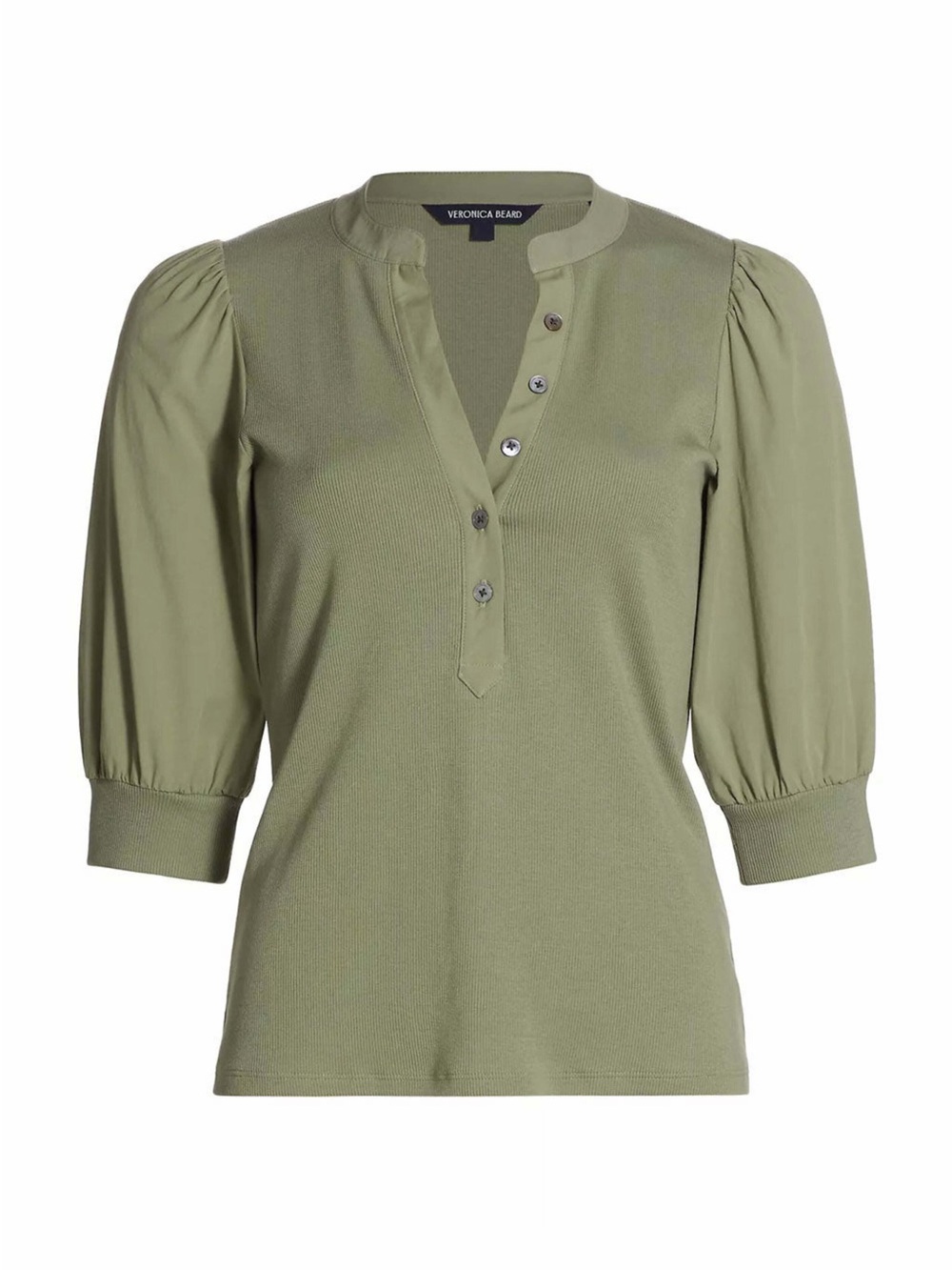 Veronica Beard Sage Green Puff-Sleeve Henley Top